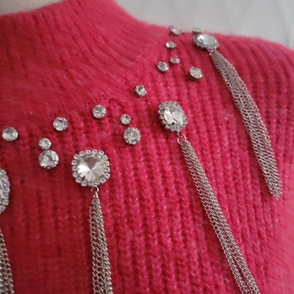 Calligraphie Mock Neck Sweater • Pink Heather • Jeweled Accents • X-LARGE - Picture 3 of 6